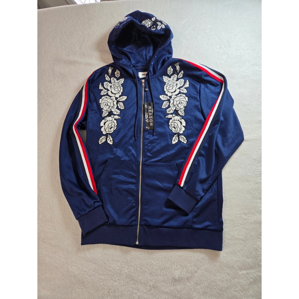 Reason Clothing Mens Navy Blue Rose Embroidered Track Jacket Zip Hoodie L